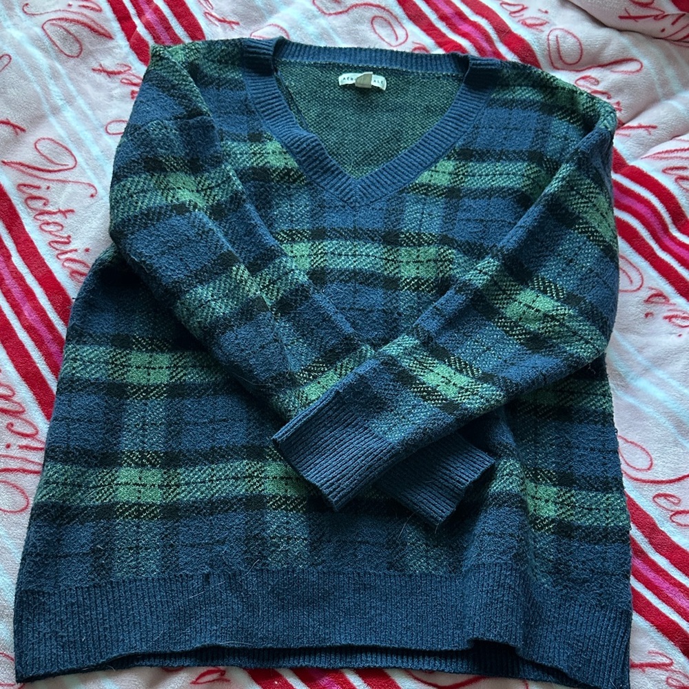 Aeropostale V-Neck Plaid Sweater - Blue and Green